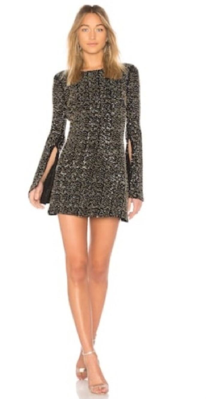 New NBD Smyth black brass backless split sleeve mini dress Sz XXS Glam Cocktail